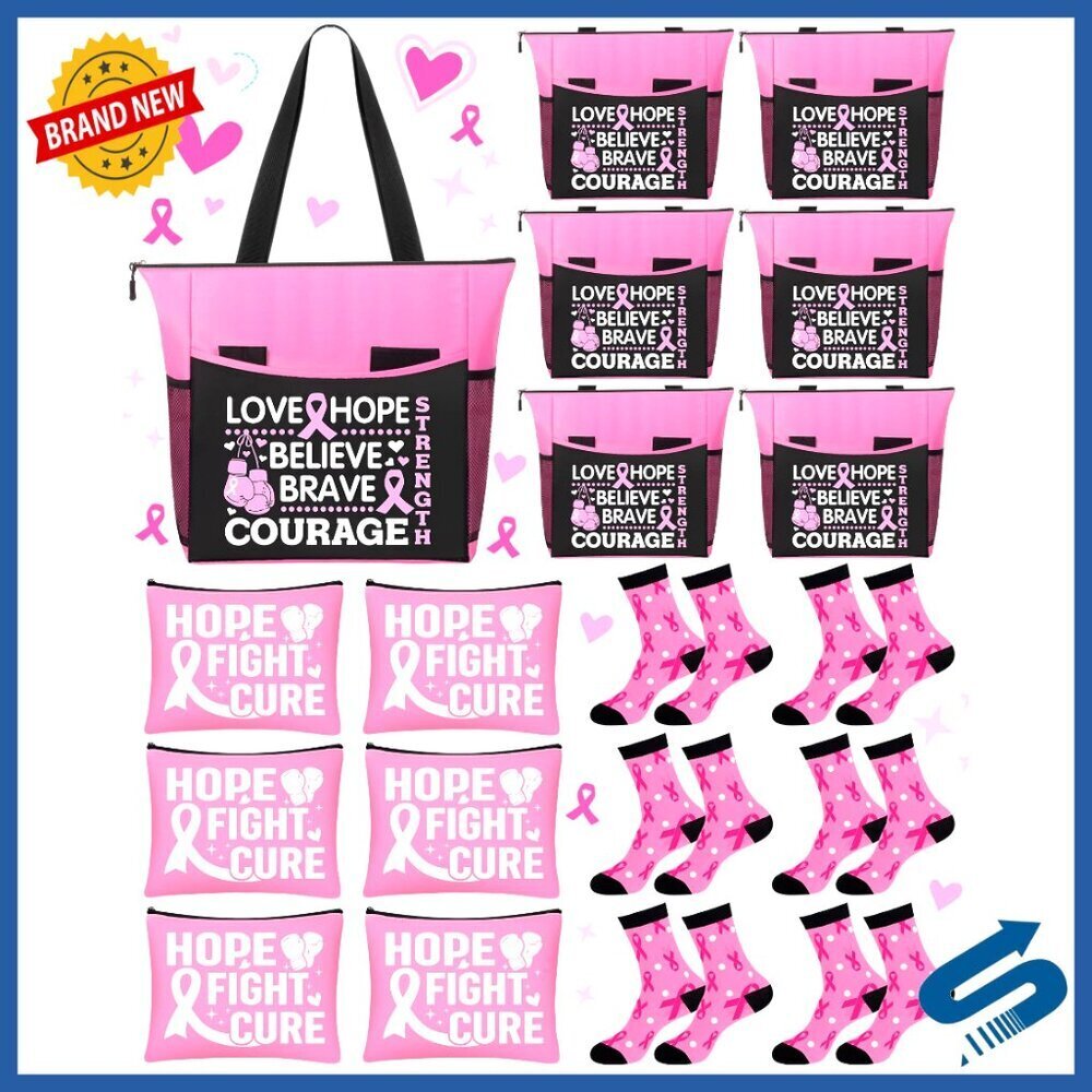 Breast Cancer Awareness Gift Set Tote Bag Makeup Bags Socks Survivor Kit